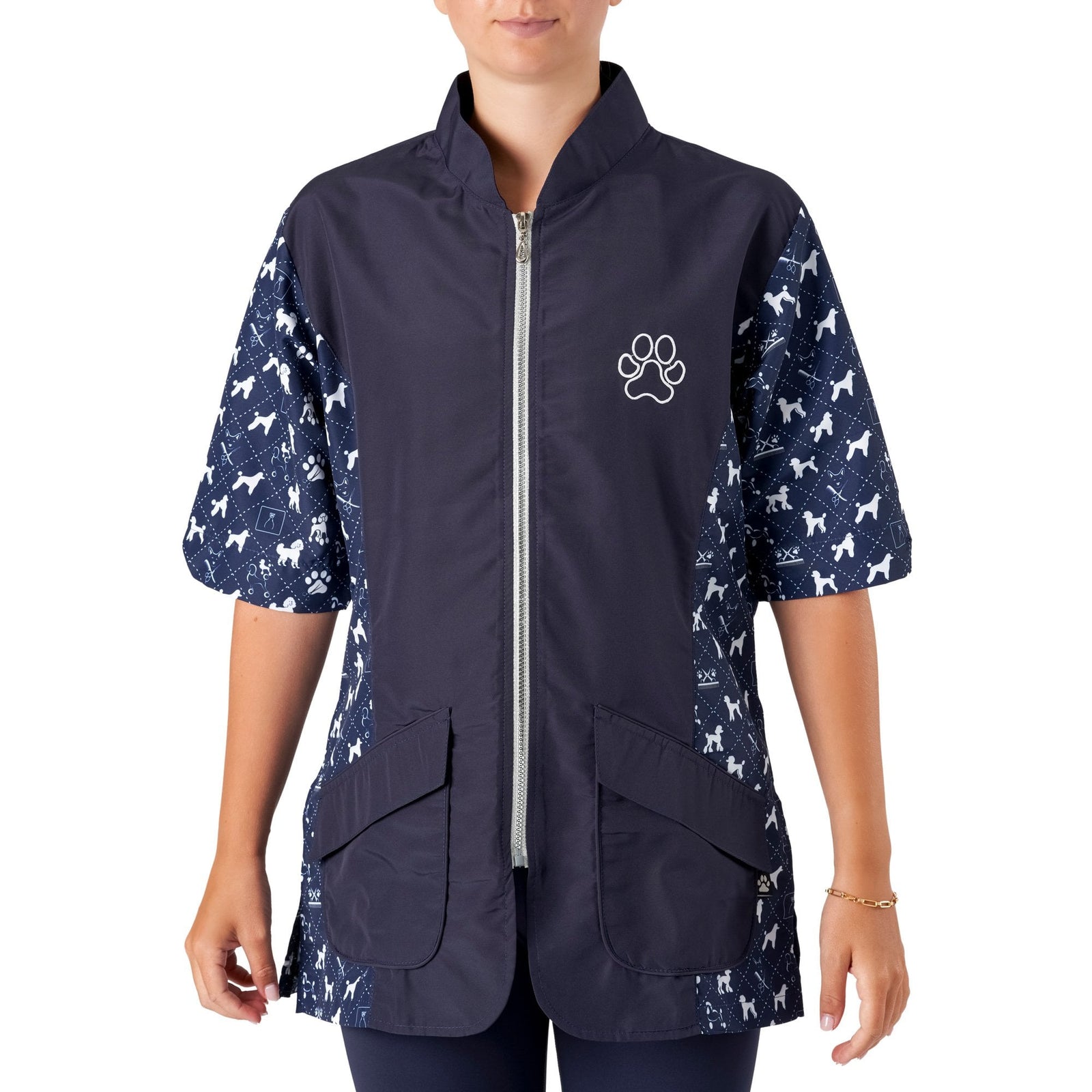 Groomers Penny Poodle Mandarin Collar Tunic Navy/Bling