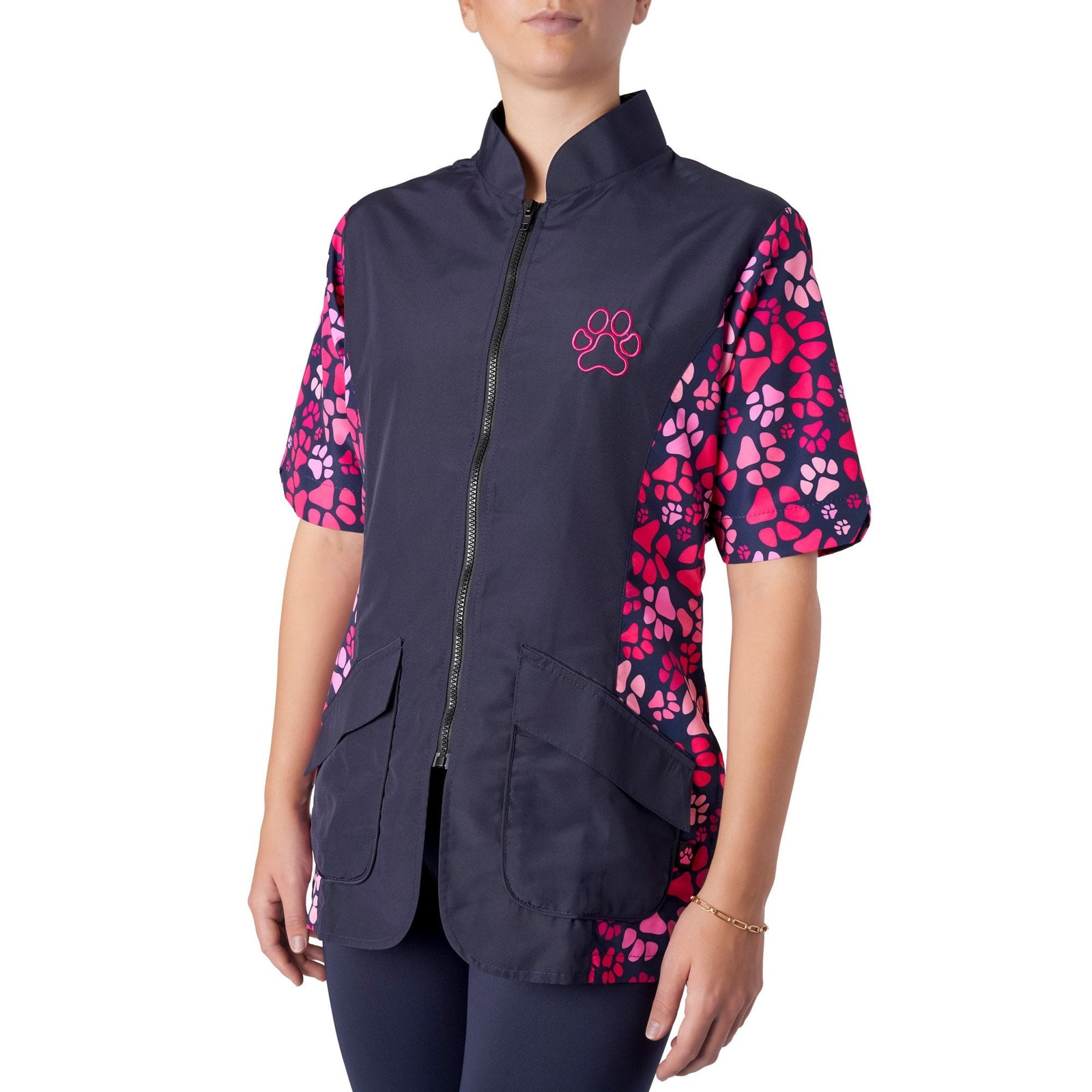 Groomers Mandarin Collar Tunic Navy/Pink Paw