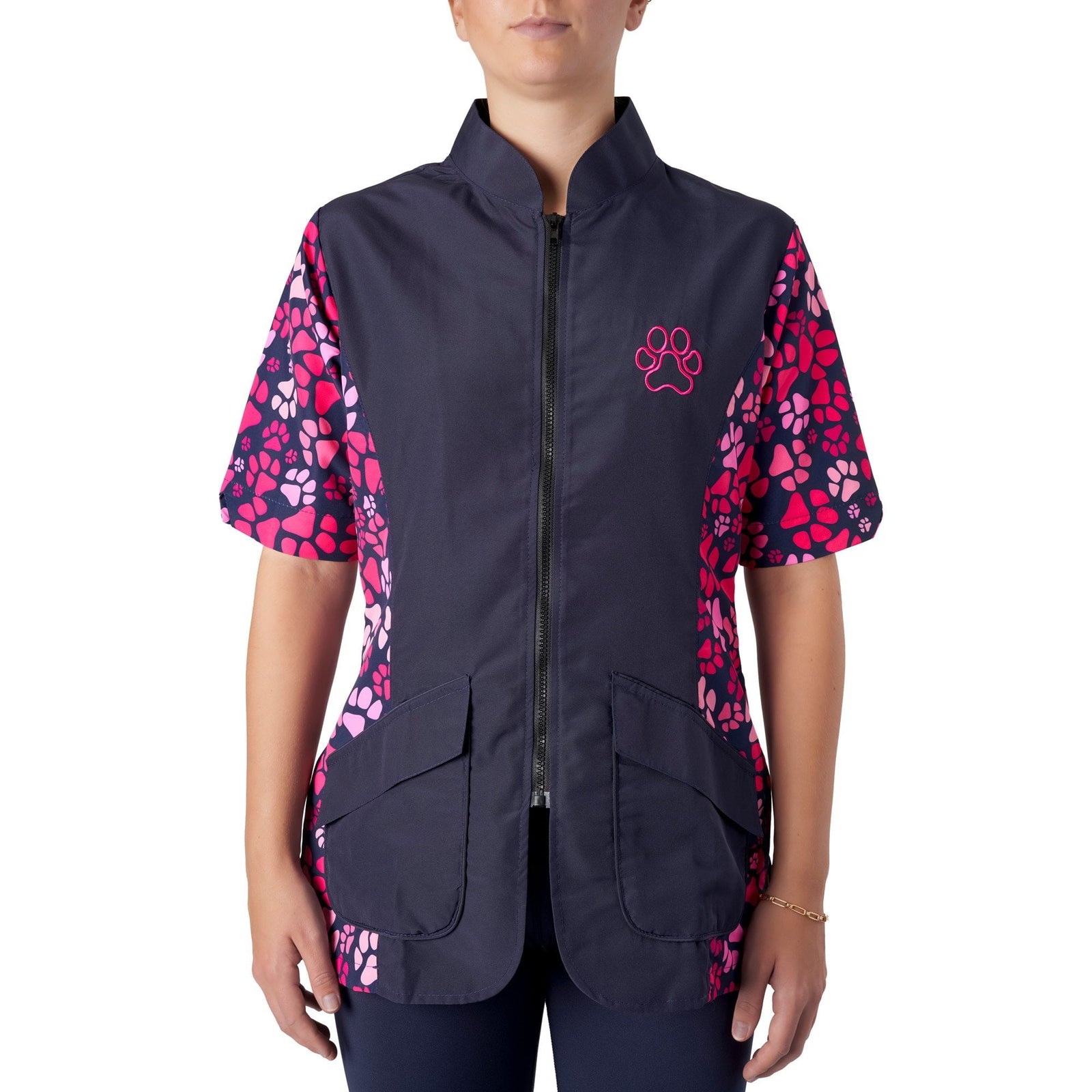 Groomers Mandarin Collar Tunic Navy/Pink Paw