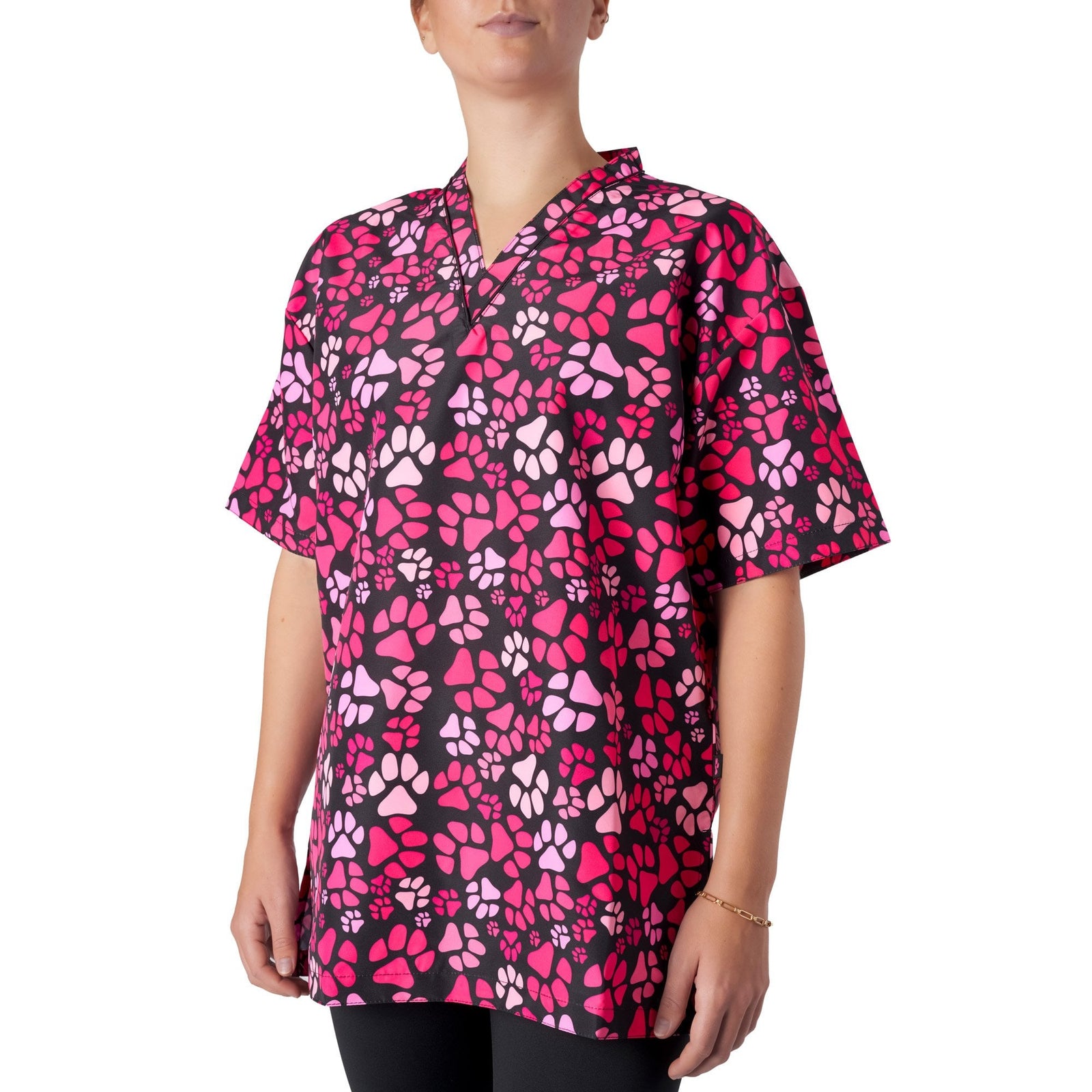 Groomers V-Neck Tunic Pink Paw Print