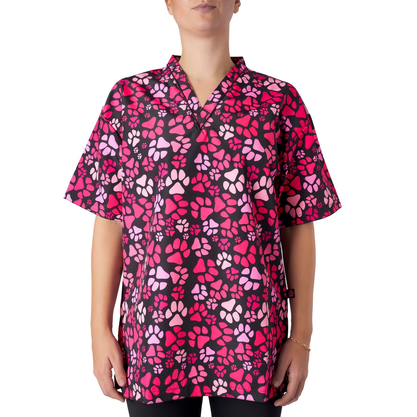 Groomers V-Neck Tunic Pink Paw Print